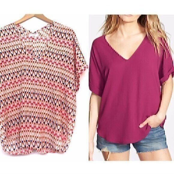 LUSH Cuff Jessie Cuff Sleeve Woven Tee Geometric Cream Orange Pink Blouse Top S - Picture 1 of 7